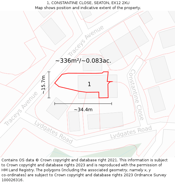 1, CONSTANTINE CLOSE, SEATON, EX12 2XU: Plot and title map