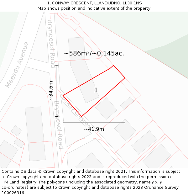 1, CONWAY CRESCENT, LLANDUDNO, LL30 1NS: Plot and title map