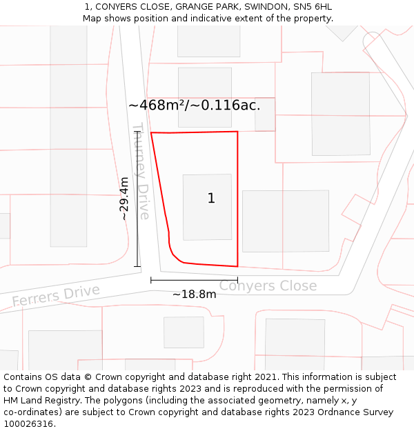 1, CONYERS CLOSE, GRANGE PARK, SWINDON, SN5 6HL: Plot and title map