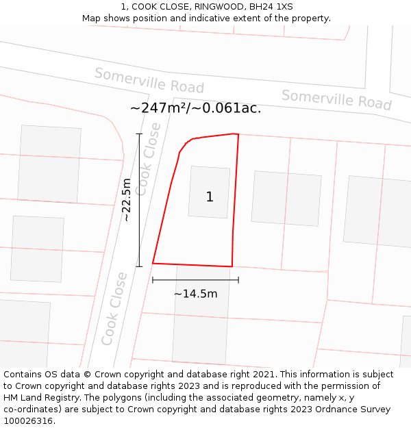 1, COOK CLOSE, RINGWOOD, BH24 1XS: Plot and title map