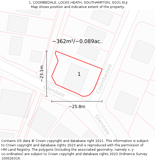 1, COOMBEDALE, LOCKS HEATH, SOUTHAMPTON, SO31 6UJ: Plot and title map