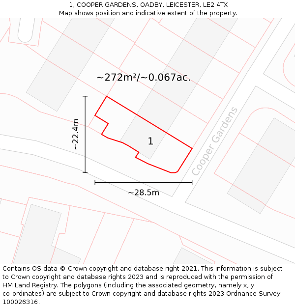 1, COOPER GARDENS, OADBY, LEICESTER, LE2 4TX: Plot and title map