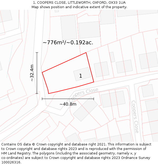 1, COOPERS CLOSE, LITTLEWORTH, OXFORD, OX33 1UA: Plot and title map