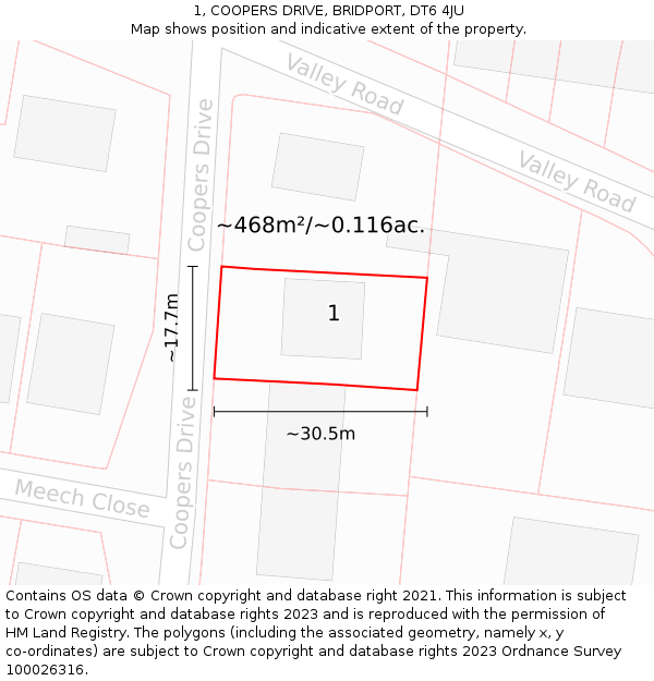 1, COOPERS DRIVE, BRIDPORT, DT6 4JU: Plot and title map