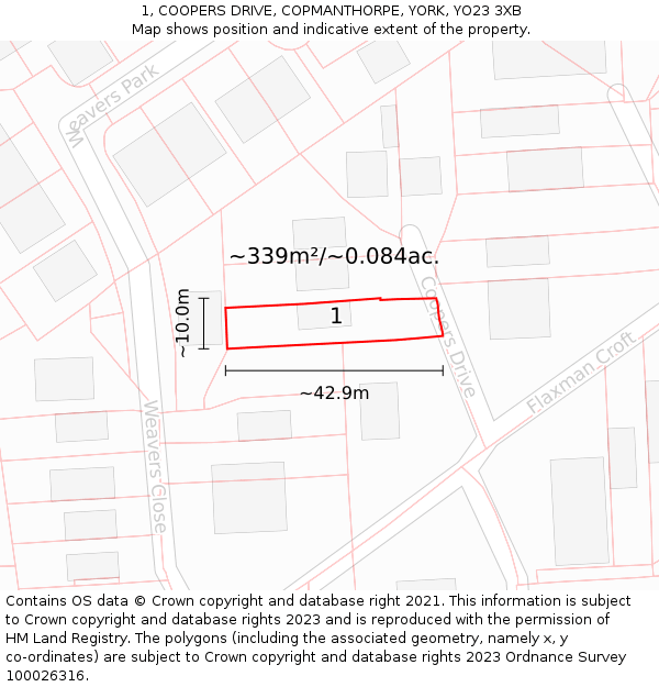 1, COOPERS DRIVE, COPMANTHORPE, YORK, YO23 3XB: Plot and title map