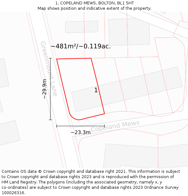 1, COPELAND MEWS, BOLTON, BL1 5HT: Plot and title map