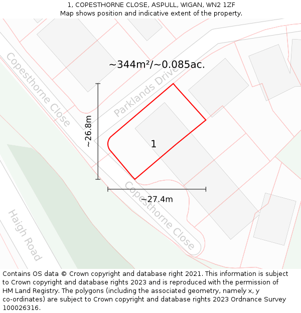 1, COPESTHORNE CLOSE, ASPULL, WIGAN, WN2 1ZF: Plot and title map