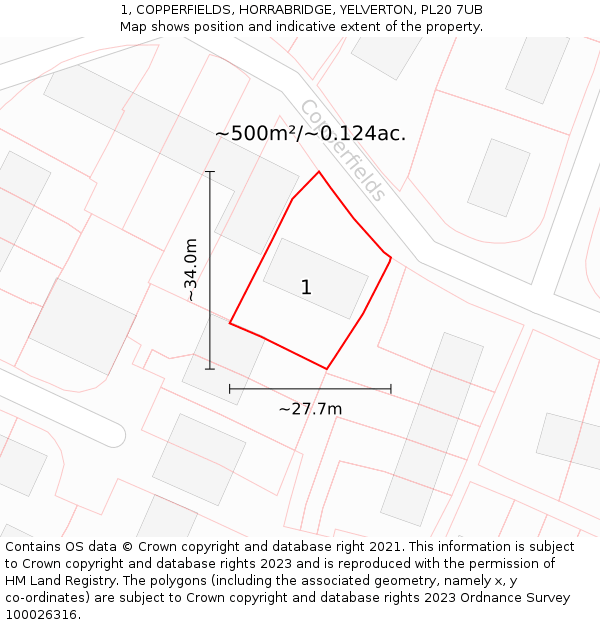 1, COPPERFIELDS, HORRABRIDGE, YELVERTON, PL20 7UB: Plot and title map