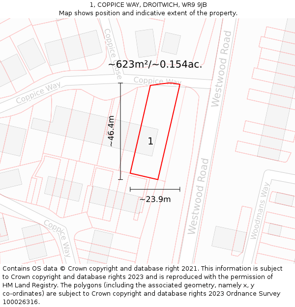 1, COPPICE WAY, DROITWICH, WR9 9JB: Plot and title map