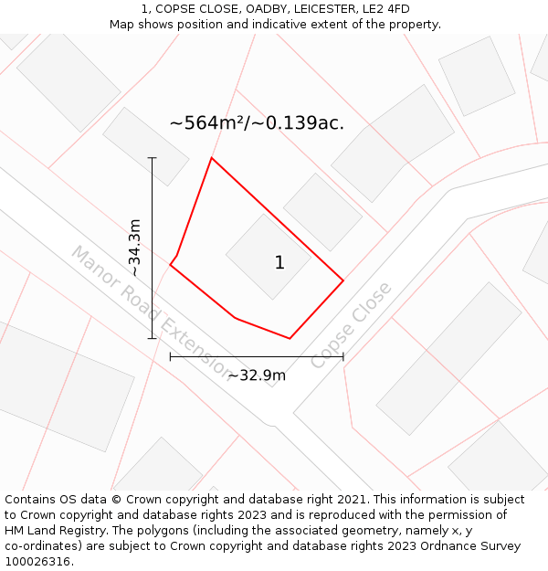 1, COPSE CLOSE, OADBY, LEICESTER, LE2 4FD: Plot and title map