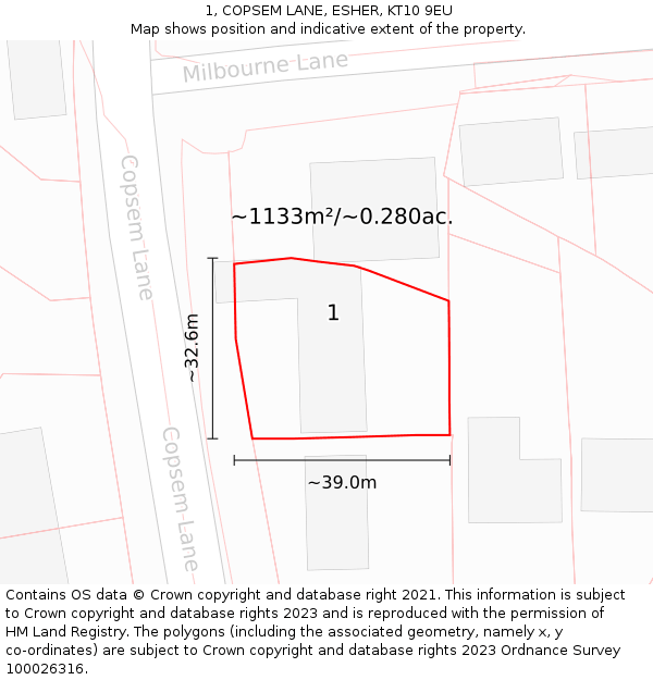 1, COPSEM LANE, ESHER, KT10 9EU: Plot and title map