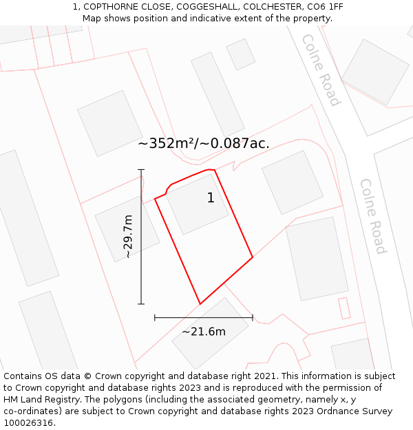 1, COPTHORNE CLOSE, COGGESHALL, COLCHESTER, CO6 1FF: Plot and title map