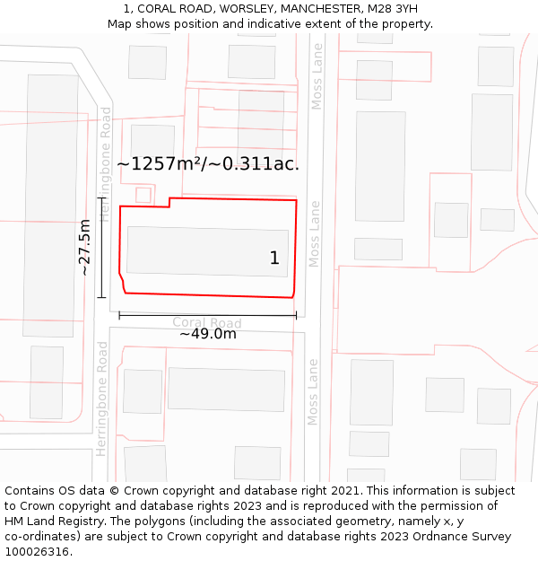 1, CORAL ROAD, WORSLEY, MANCHESTER, M28 3YH: Plot and title map