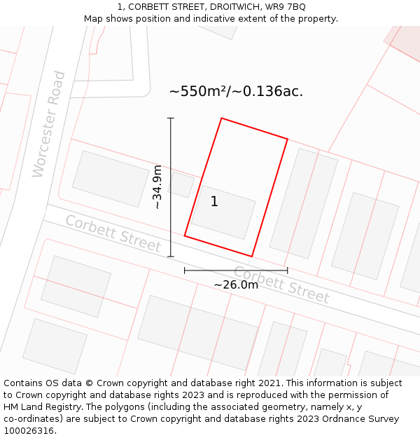 1, CORBETT STREET, DROITWICH, WR9 7BQ: Plot and title map