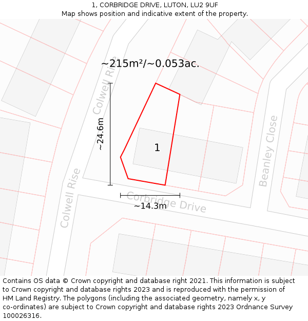 1, CORBRIDGE DRIVE, LUTON, LU2 9UF: Plot and title map