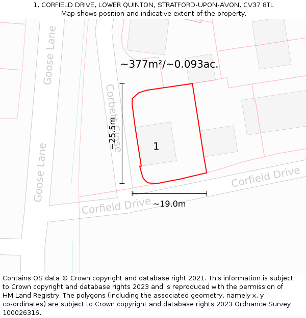 1, CORFIELD DRIVE, LOWER QUINTON, STRATFORD-UPON-AVON, CV37 8TL: Plot and title map