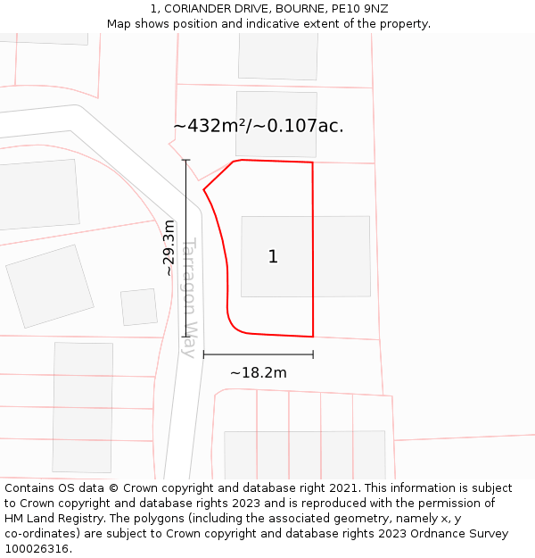 1, CORIANDER DRIVE, BOURNE, PE10 9NZ: Plot and title map