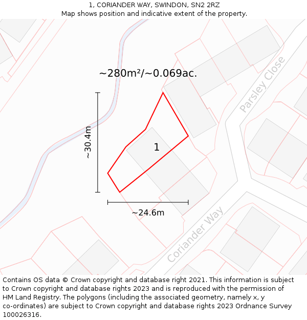 1, CORIANDER WAY, SWINDON, SN2 2RZ: Plot and title map