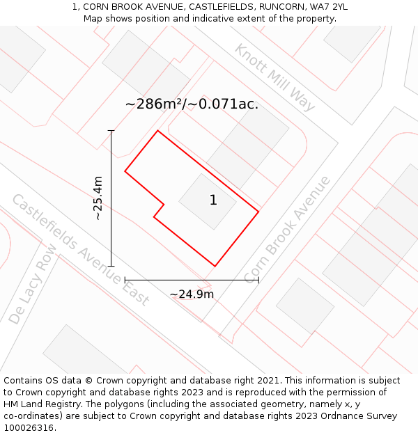 1, CORN BROOK AVENUE, CASTLEFIELDS, RUNCORN, WA7 2YL: Plot and title map