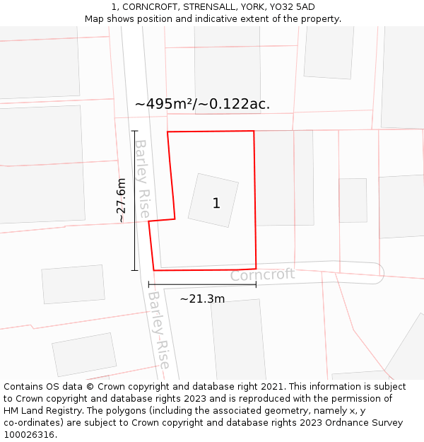 1, CORNCROFT, STRENSALL, YORK, YO32 5AD: Plot and title map