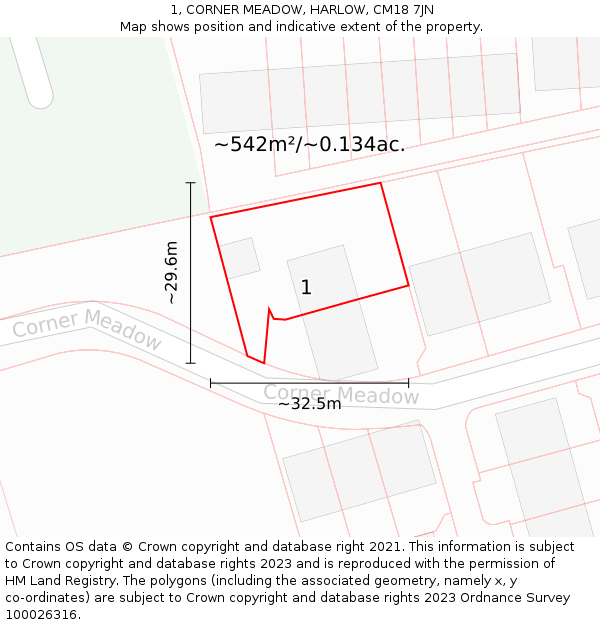 1, CORNER MEADOW, HARLOW, CM18 7JN: Plot and title map