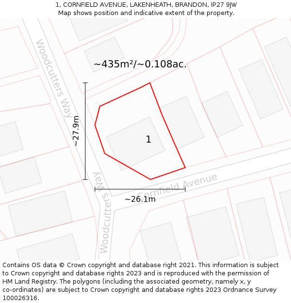 1, CORNFIELD AVENUE, LAKENHEATH, BRANDON, IP27 9JW: Plot and title map