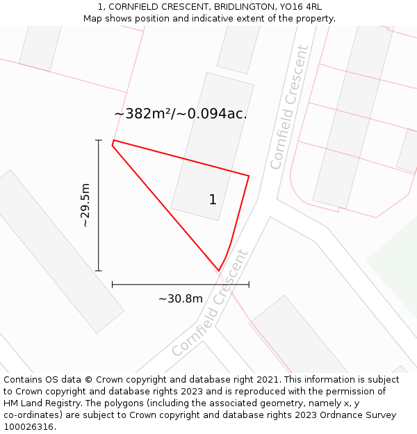 1, CORNFIELD CRESCENT, BRIDLINGTON, YO16 4RL: Plot and title map