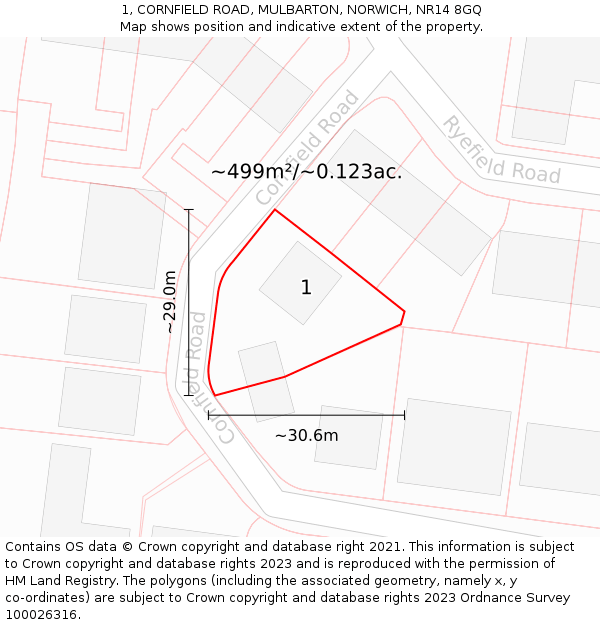 1, CORNFIELD ROAD, MULBARTON, NORWICH, NR14 8GQ: Plot and title map