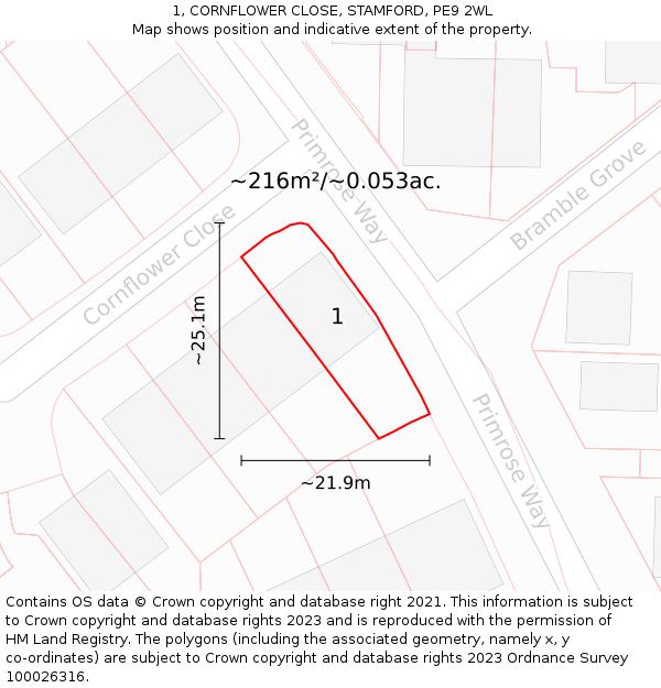 1, CORNFLOWER CLOSE, STAMFORD, PE9 2WL: Plot and title map