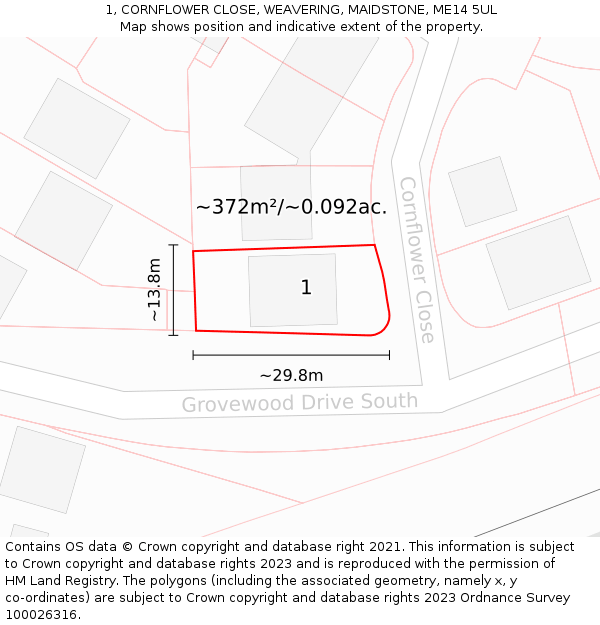 1, CORNFLOWER CLOSE, WEAVERING, MAIDSTONE, ME14 5UL: Plot and title map