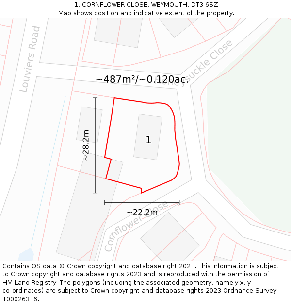 1, CORNFLOWER CLOSE, WEYMOUTH, DT3 6SZ: Plot and title map