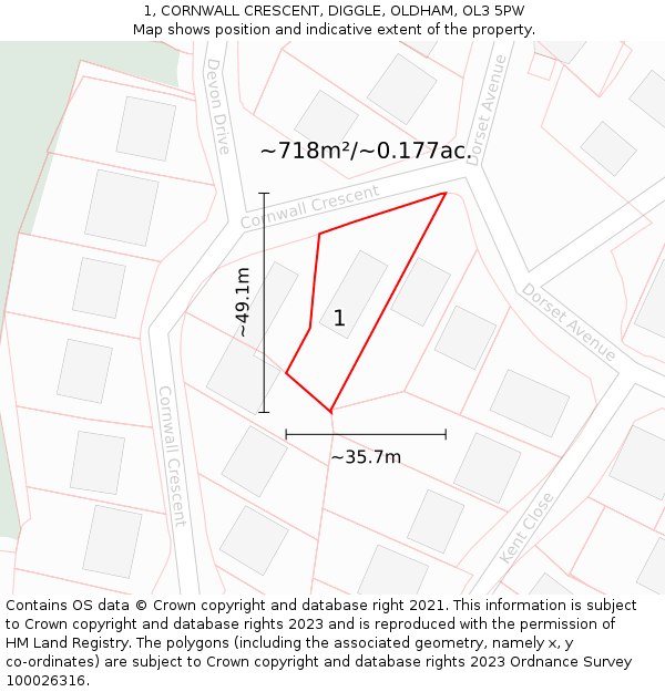 1, CORNWALL CRESCENT, DIGGLE, OLDHAM, OL3 5PW: Plot and title map