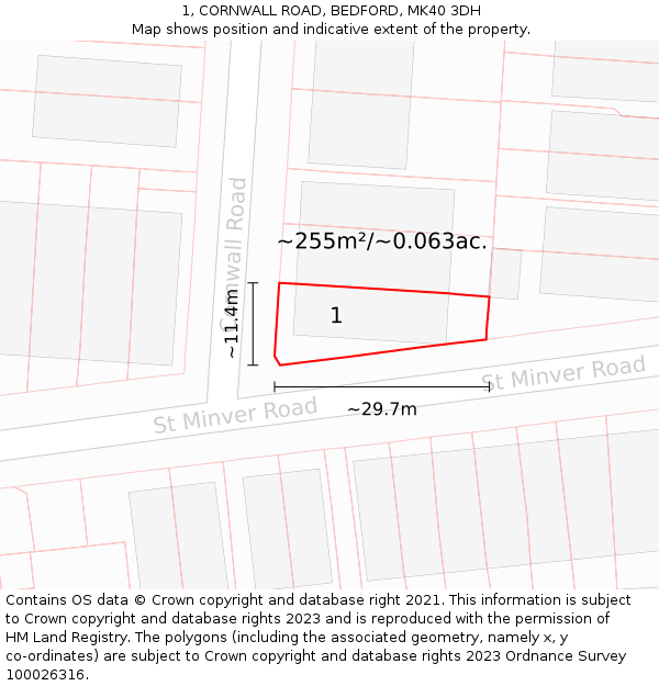 1, CORNWALL ROAD, BEDFORD, MK40 3DH: Plot and title map