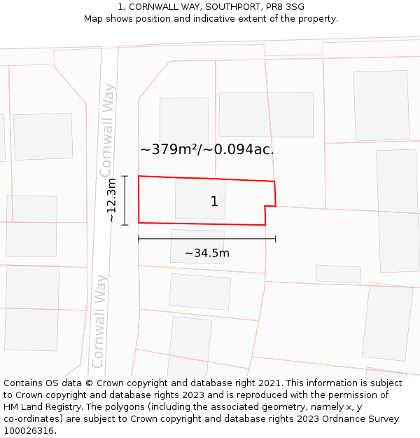 1, CORNWALL WAY, SOUTHPORT, PR8 3SG: Plot and title map