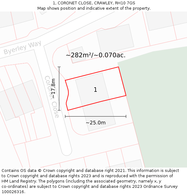 1, CORONET CLOSE, CRAWLEY, RH10 7GS: Plot and title map