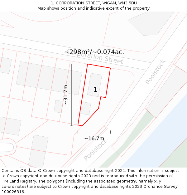 1, CORPORATION STREET, WIGAN, WN3 5BU: Plot and title map