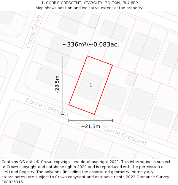 1, CORRIE CRESCENT, KEARSLEY, BOLTON, BL4 8RP: Plot and title map