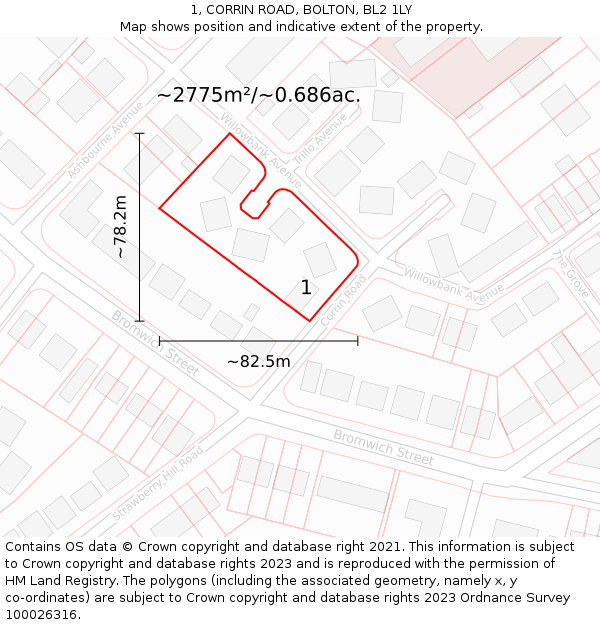 1, CORRIN ROAD, BOLTON, BL2 1LY: Plot and title map