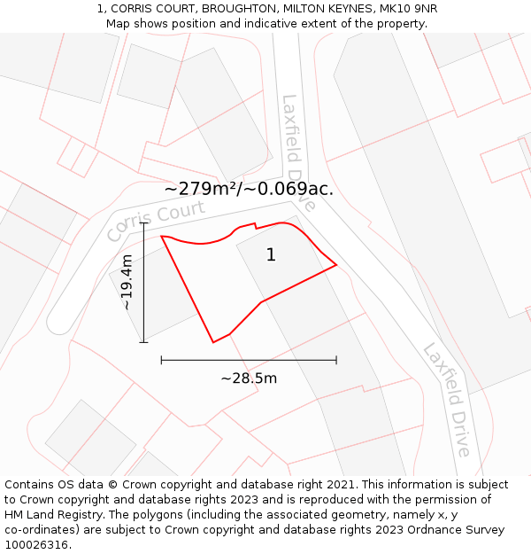 1, CORRIS COURT, BROUGHTON, MILTON KEYNES, MK10 9NR: Plot and title map