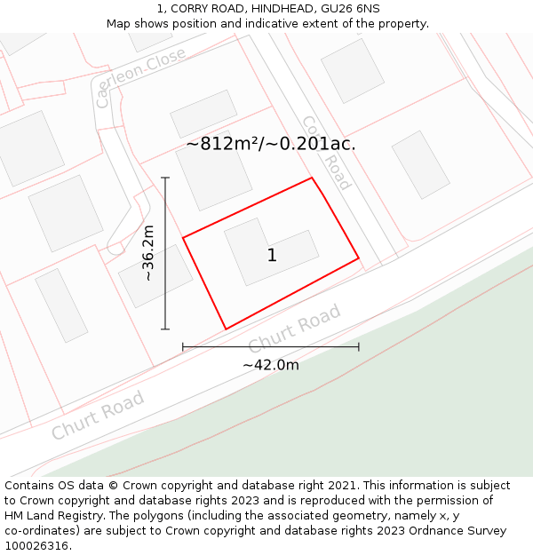 1, CORRY ROAD, HINDHEAD, GU26 6NS: Plot and title map