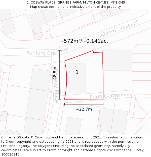 1, COSWAY PLACE, GRANGE FARM, MILTON KEYNES, MK8 0NS: Plot and title map