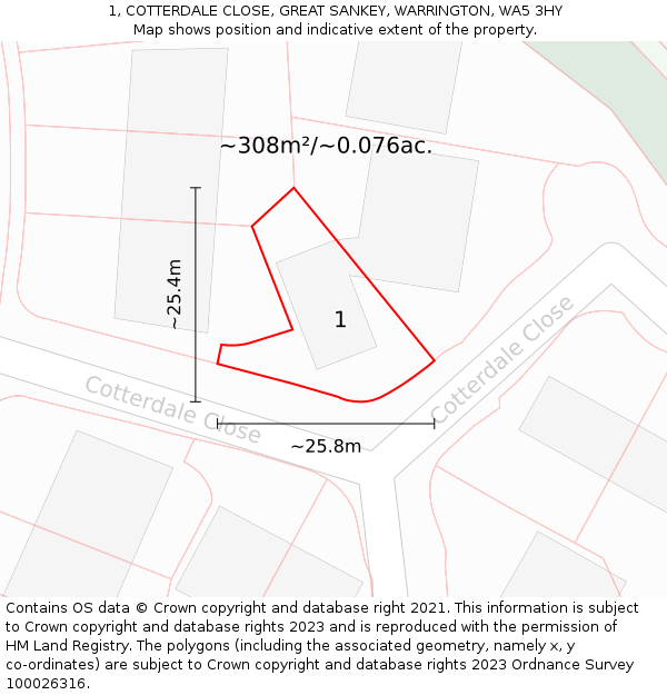 1, COTTERDALE CLOSE, GREAT SANKEY, WARRINGTON, WA5 3HY: Plot and title map