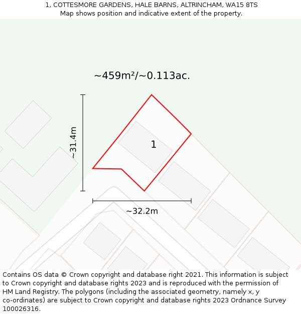 1, COTTESMORE GARDENS, HALE BARNS, ALTRINCHAM, WA15 8TS: Plot and title map