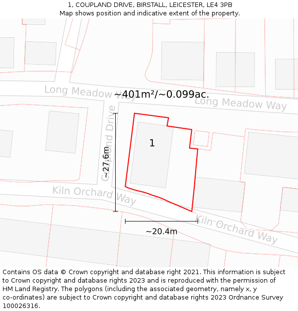 1, COUPLAND DRIVE, BIRSTALL, LEICESTER, LE4 3PB: Plot and title map