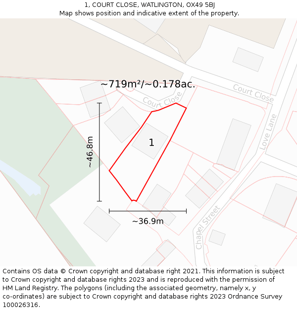 1, COURT CLOSE, WATLINGTON, OX49 5BJ: Plot and title map