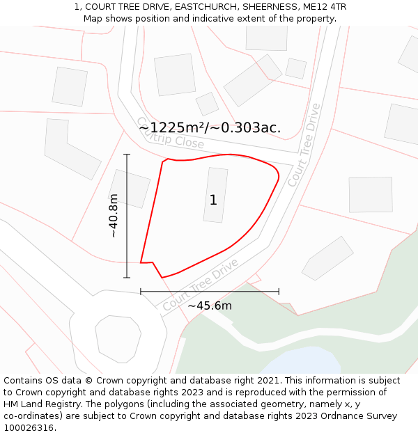 1, COURT TREE DRIVE, EASTCHURCH, SHEERNESS, ME12 4TR: Plot and title map