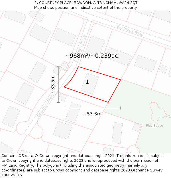 1, COURTNEY PLACE, BOWDON, ALTRINCHAM, WA14 3QT: Plot and title map