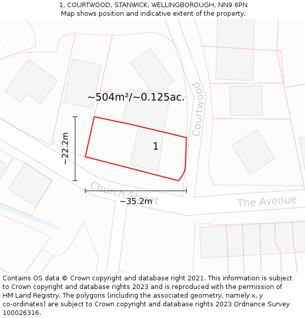 1, COURTWOOD, STANWICK, WELLINGBOROUGH, NN9 6PN: Plot and title map