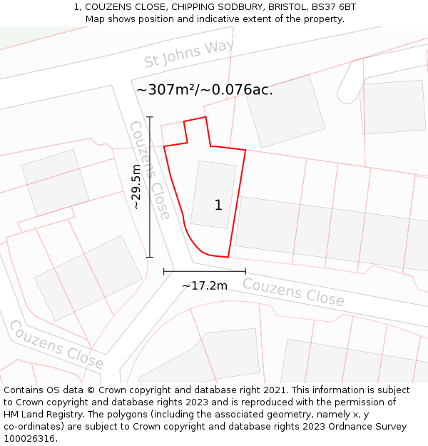 1, COUZENS CLOSE, CHIPPING SODBURY, BRISTOL, BS37 6BT: Plot and title map