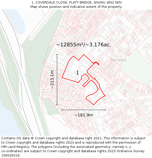 1, COVERDALE CLOSE, PLATT BRIDGE, WIGAN, WN2 5EN: Plot and title map